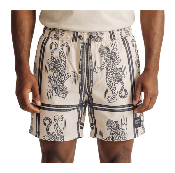 SPCC Defcon Raxen men's off-white beach shorts, casual Bermuda style with comfortable fabric and relaxed fit, front view.