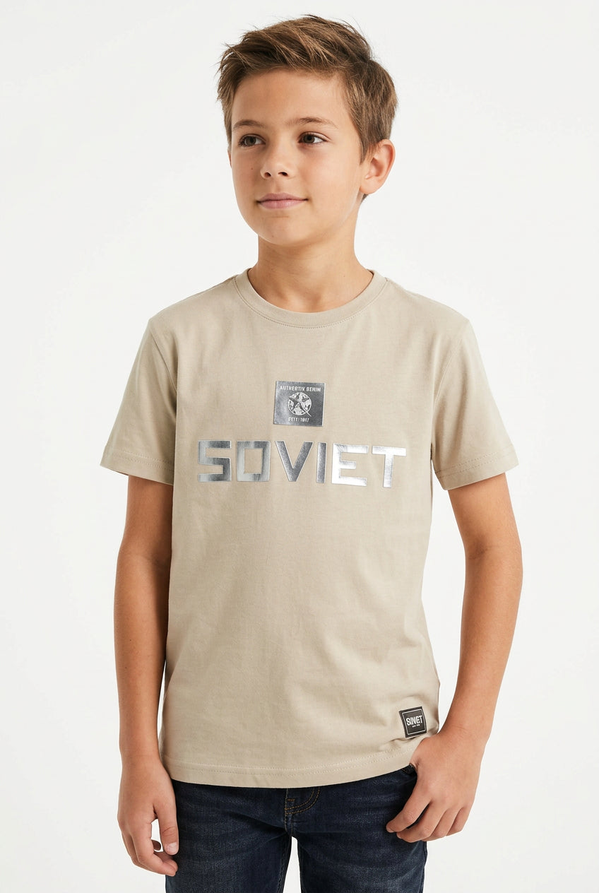 Bright stone-colored Soviet Rod kids T-shirt with graphic print, casual cotton kids' T-shirt from Soviet brand.