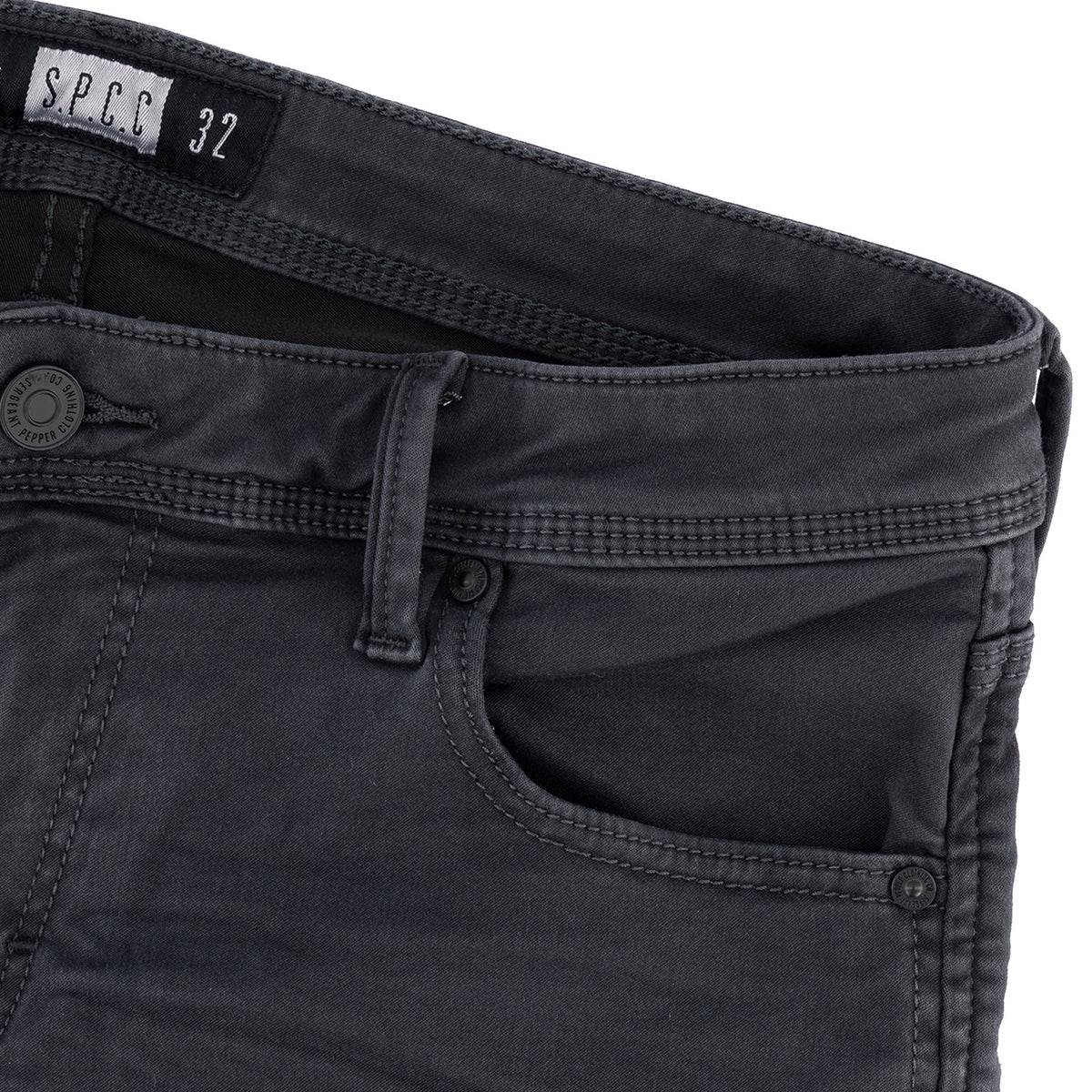 Mens SPCC Rodan Redrafted Jeans in charcoal with a slim fit, classic five-pocket design, and belt loops.