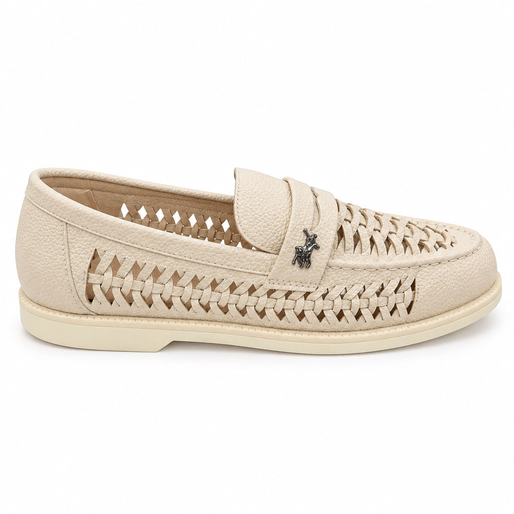 Polo Leather Braided Boat Shoe Off White
