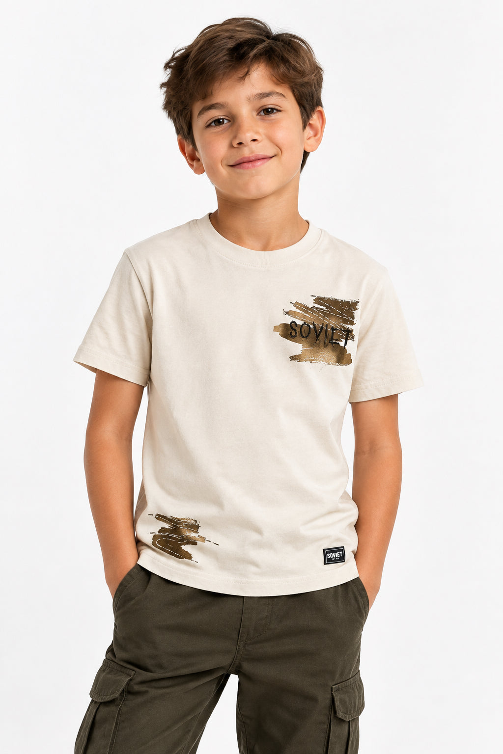 Soviet Kids Box Tee in Light Sand, a casual children's T-shirt with a simple box logo design, made by Soviet.