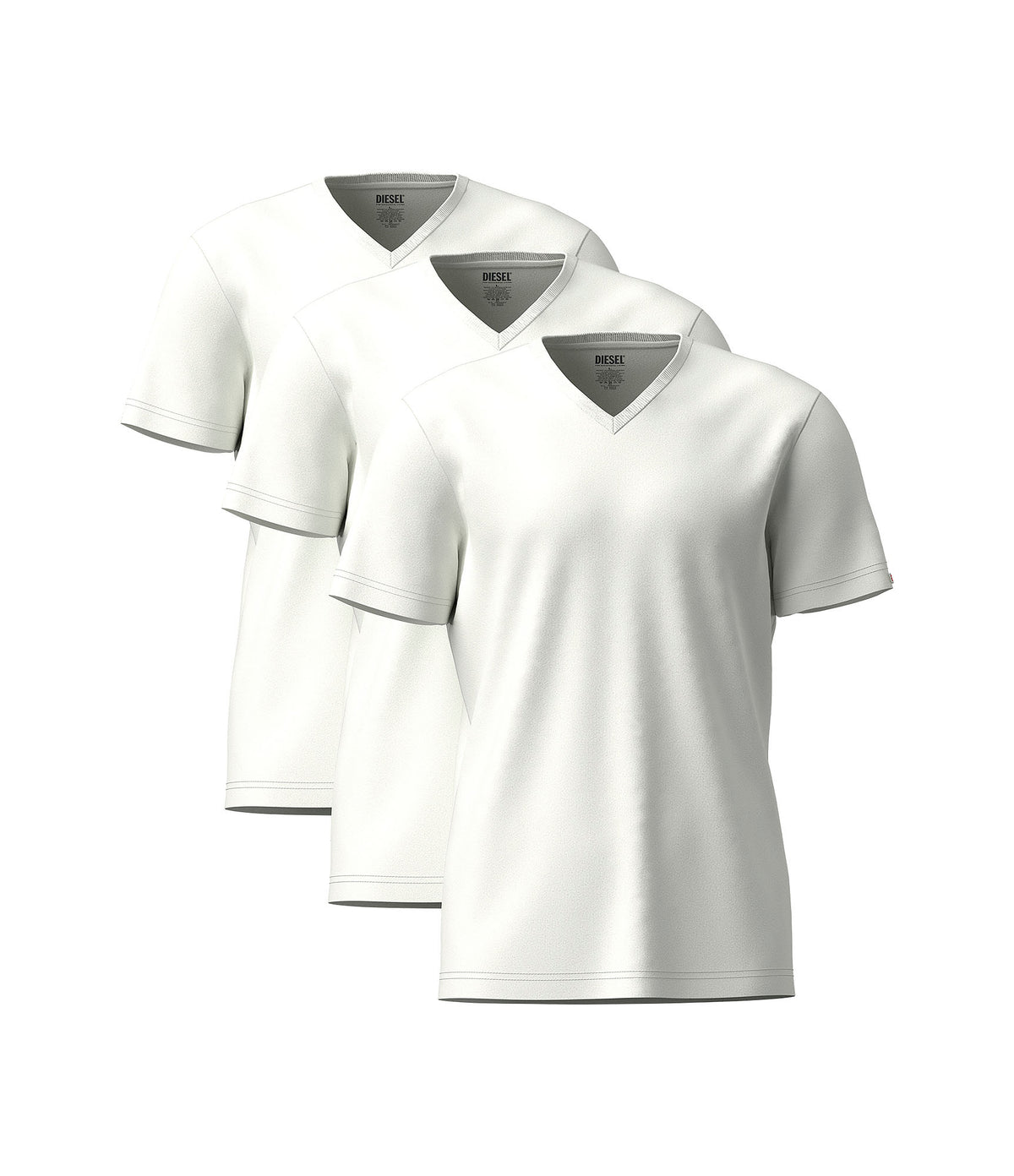 Three white Diesel Michael Core men's T-shirts stacked, showing the plain front design and soft cotton fabric.