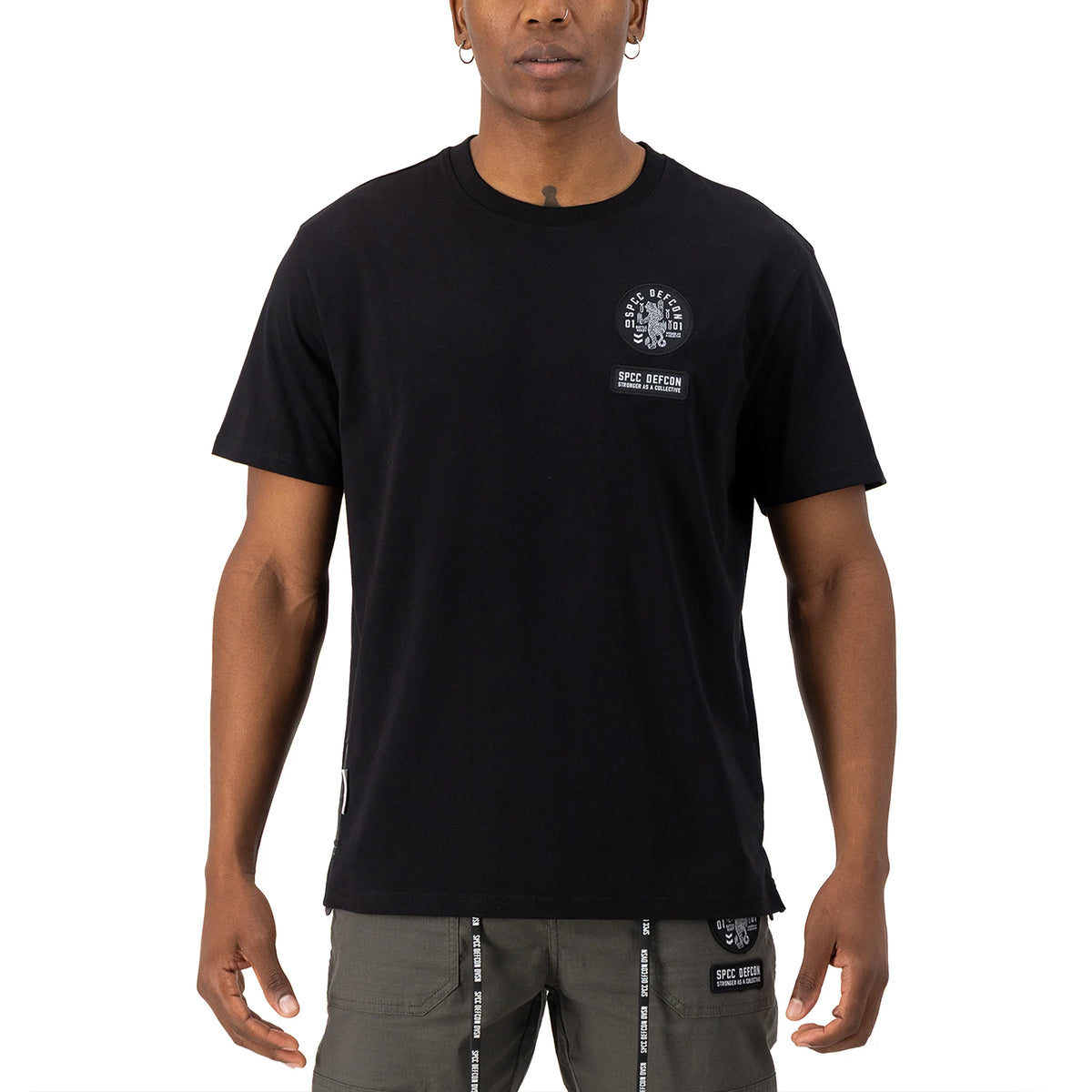 Black SPCC DEFCON Madra T-shirt for men with bold graphic design on the front, made of soft, comfortable fabric.