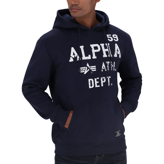 Navy Alpha ATH Dept men's hoodie with front pocket and drawstring hood, showcasing casual style and comfortable fit.