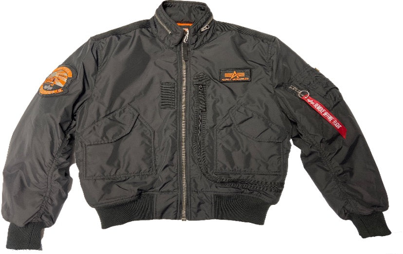 Black Alpha Engine Jacket for men and women, featuring a sleek unisex design with a front zipper and collar, made by Alpha.