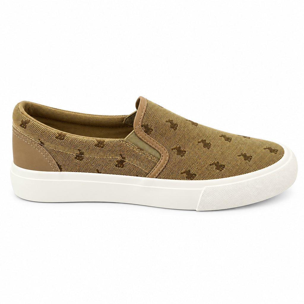 Men's POLO slip-on sneakers featuring jacquard monogram design in stone color, stylish and comfortable casual footwear.