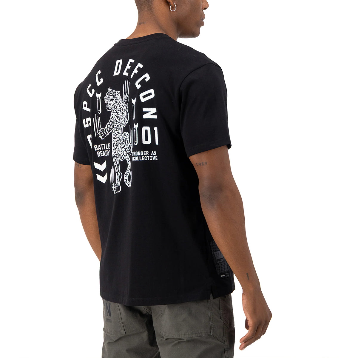 Black SPCC DEFCON Madra T-shirt for men featuring bold graphic design and comfortable fit.