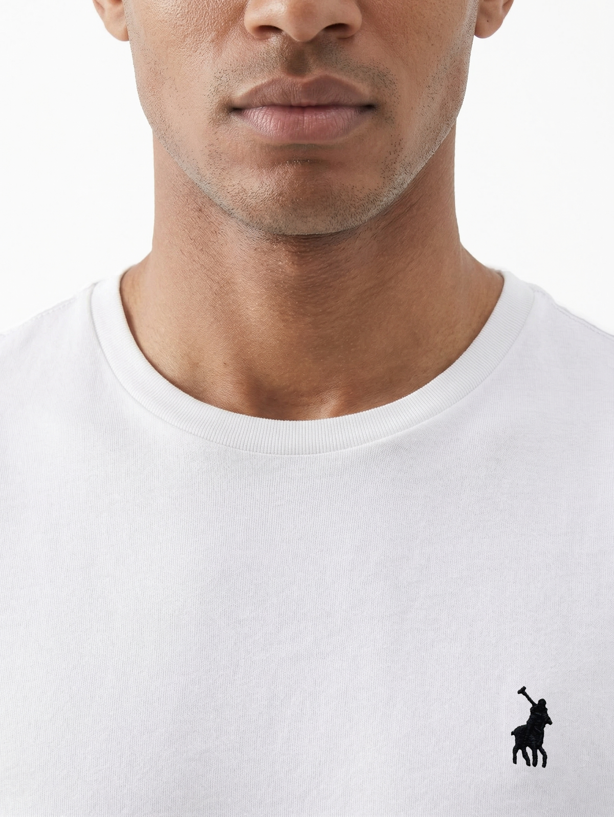 White Polo Lucas Essential Crew Neck SS Tee for men, close-up view showcasing the classic crew neck and soft cotton fabric.