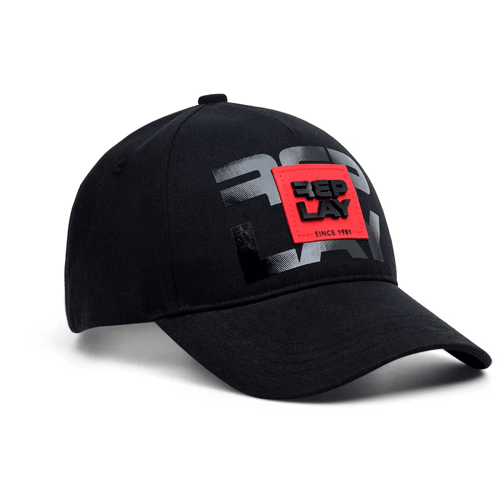 Black Replay men's cap, stylish headwear with adjustable strap, featuring the Replay logo on the front.