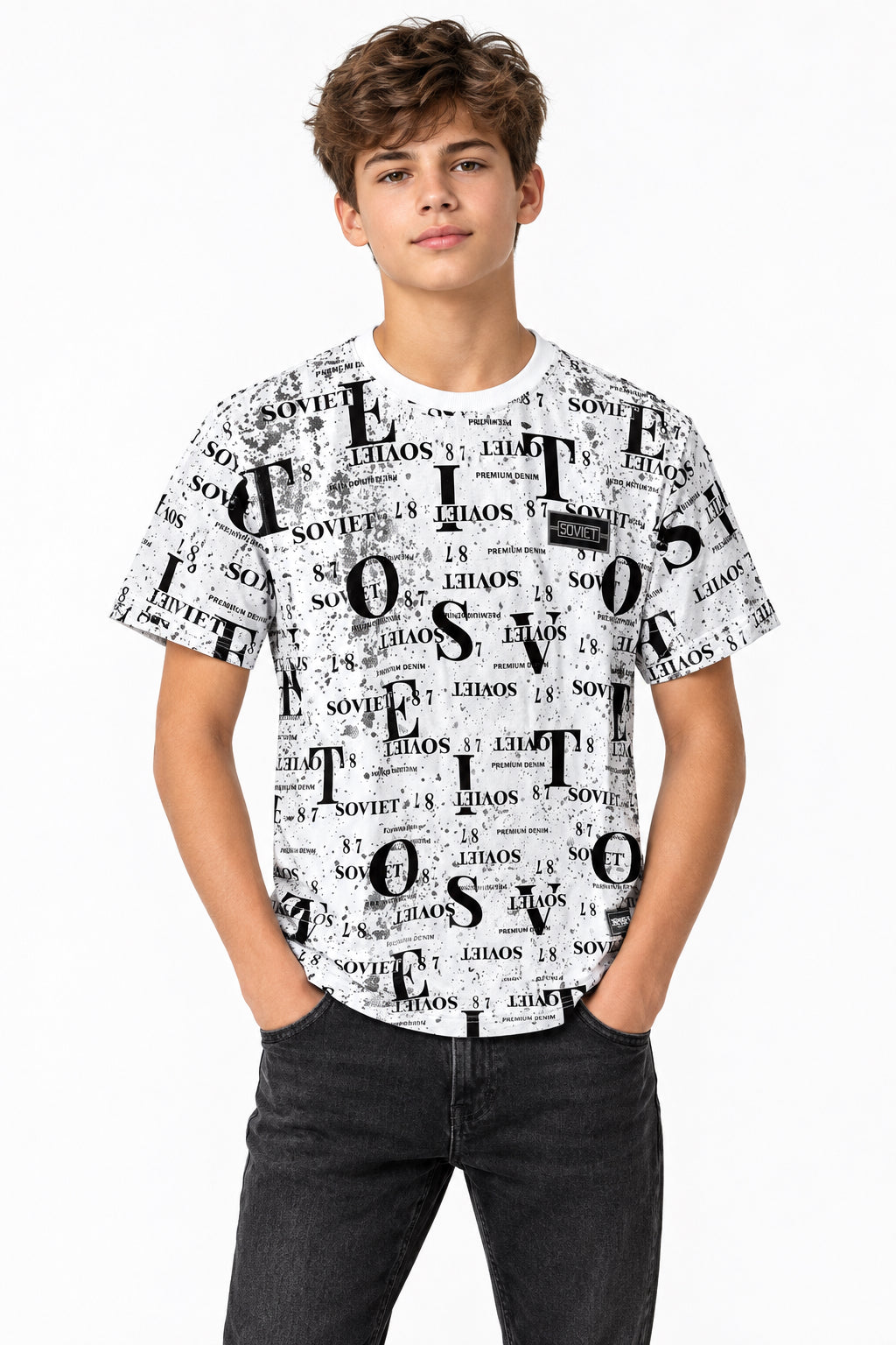 White Soviet Norton Kids T-shirt with printed graphic design, made for children, featuring bold, colorful artwork on the front.
