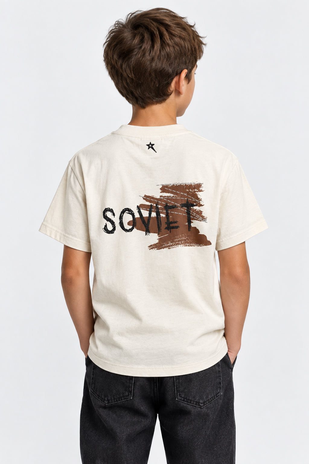 Soviet Kids Box Tee in Light Sand color featuring a casual fit, made from soft cotton for comfortable kids' wear.