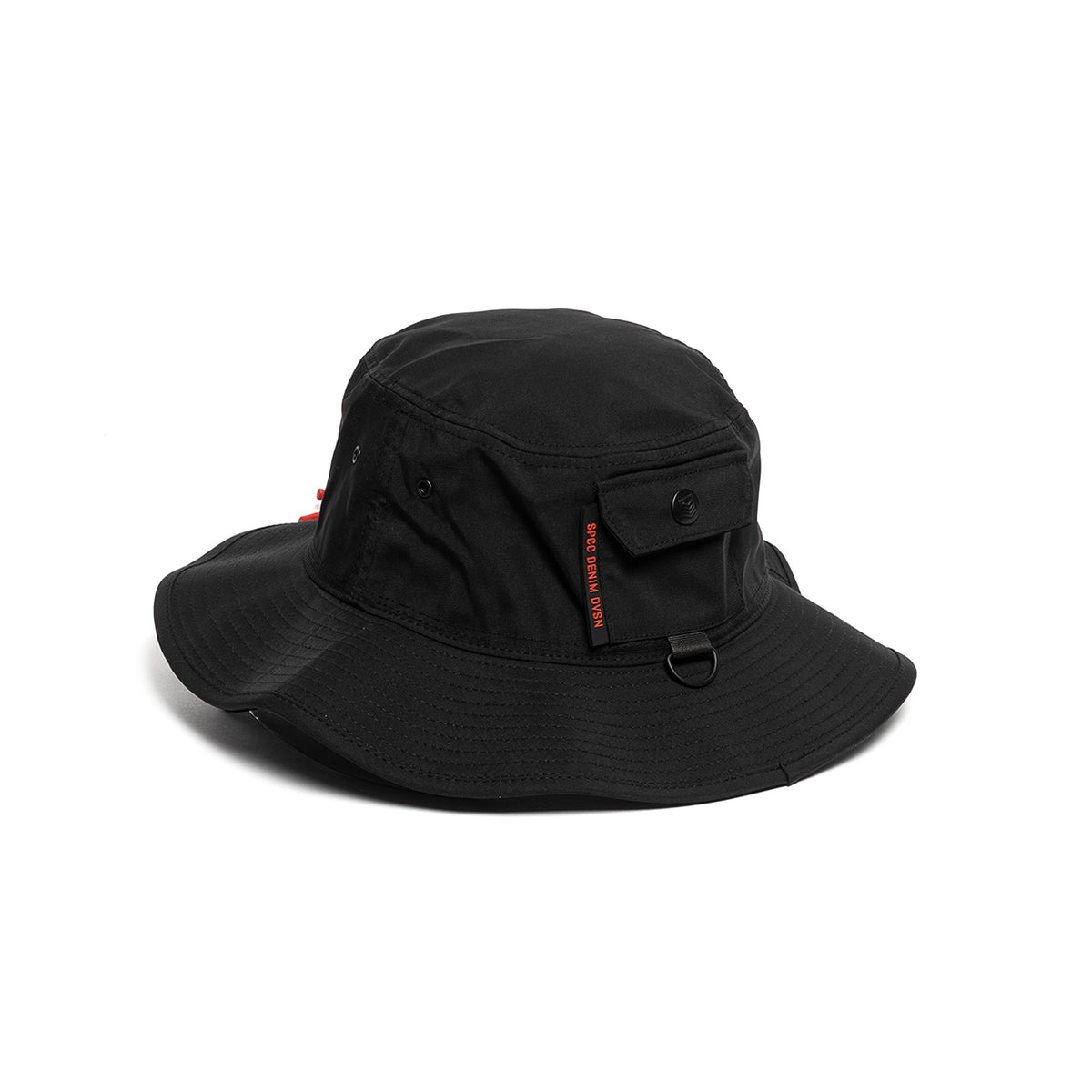 Black SPCC Recuit II bucket hat for men, stylish headwear with a wide brim and casual design.