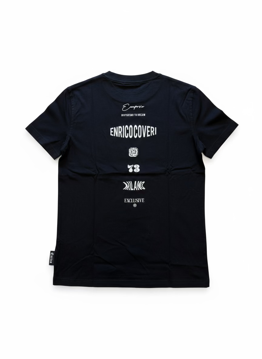 Black long-sleeve shirt with white text and logos on a white background