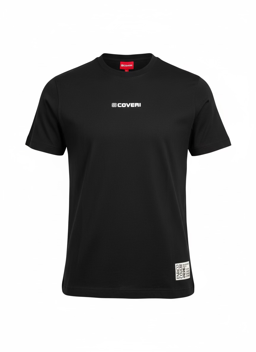 Black t-shirt with a brand logo on a white surface
