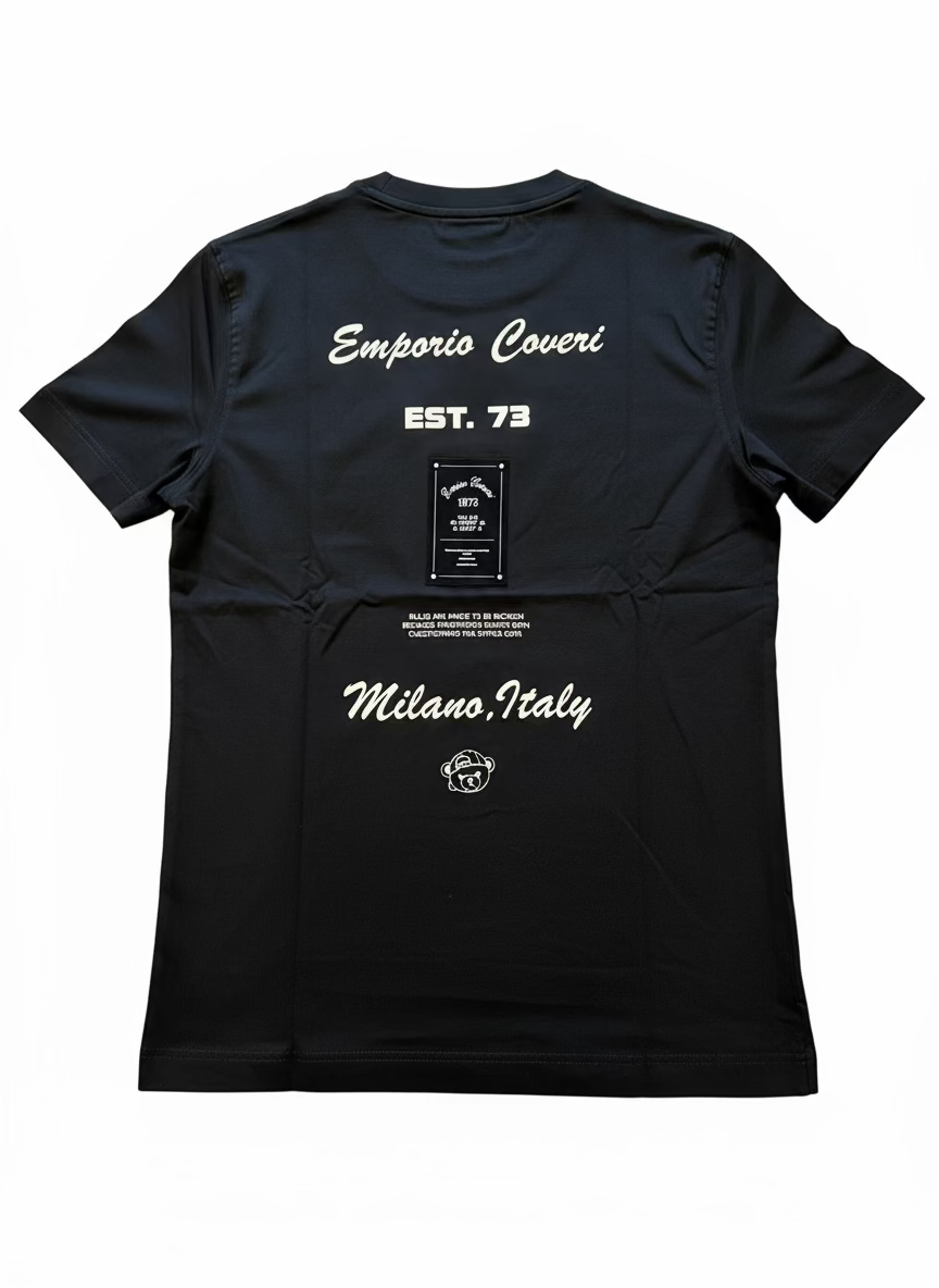 Black t-shirt with white text on a textured white surface