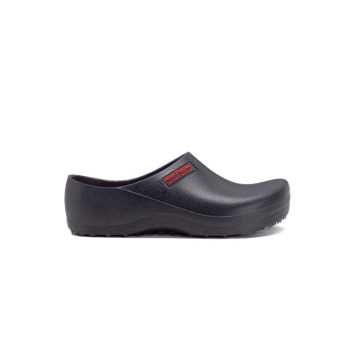 Hush Puppies black workwear clog with slip-on design and durable sole