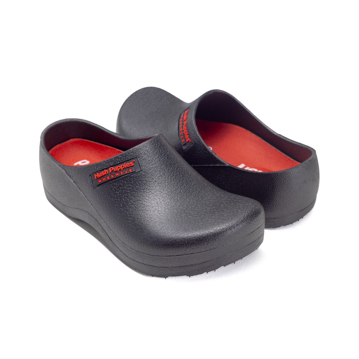 Black Hush Puppies workwear clog footwear viewed from the side