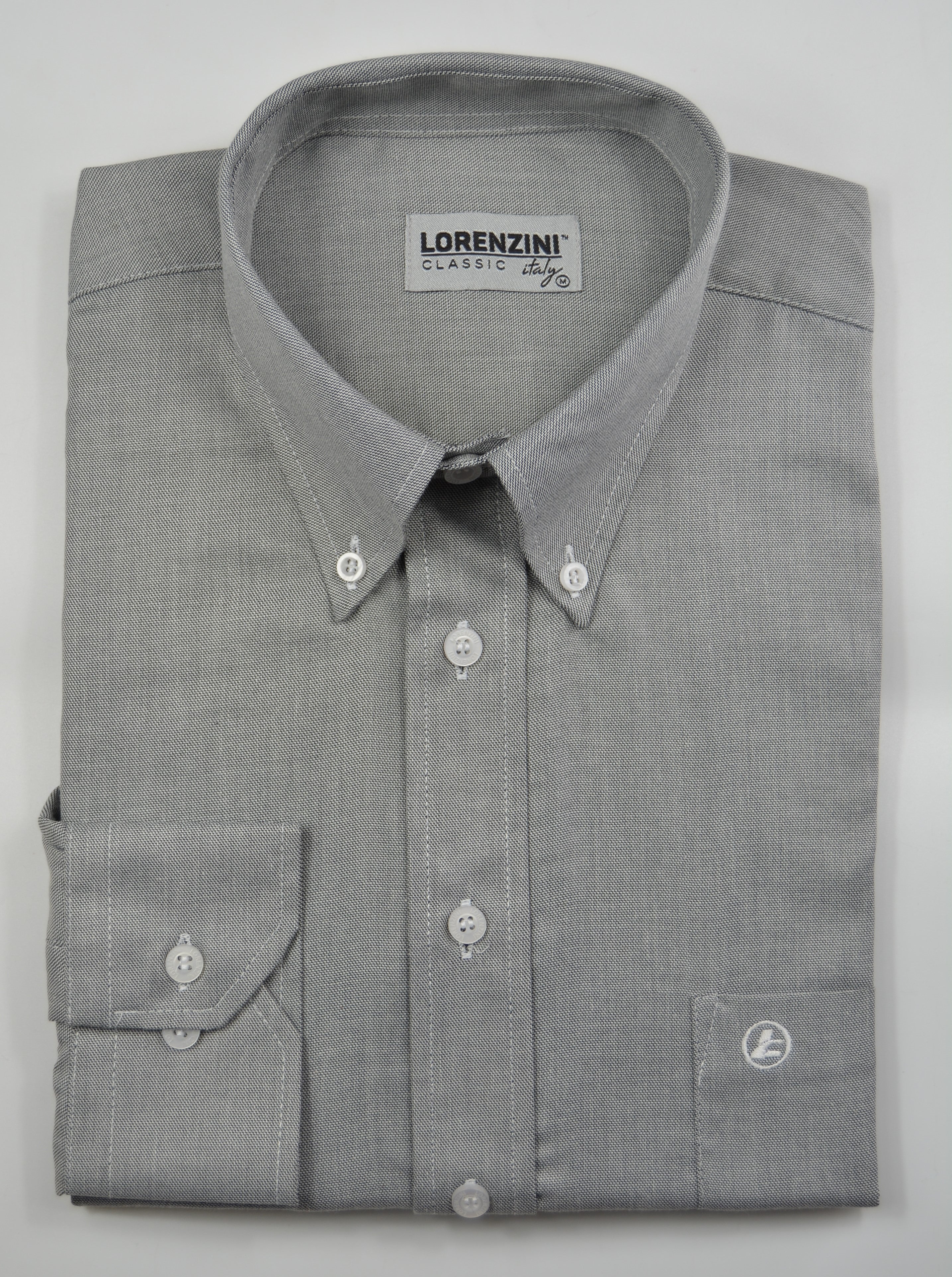Grey Lorenzini button-down, white button striped