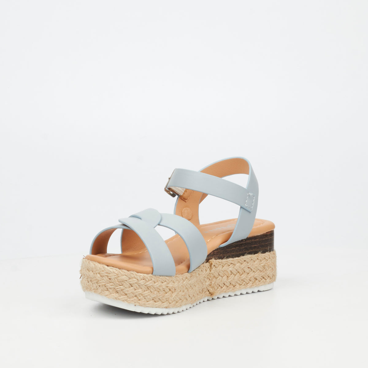 Blue Flutterby Girls Maggie 1 kids sandals by Butterfly Feet with adjustable straps and floral accents on the straps.