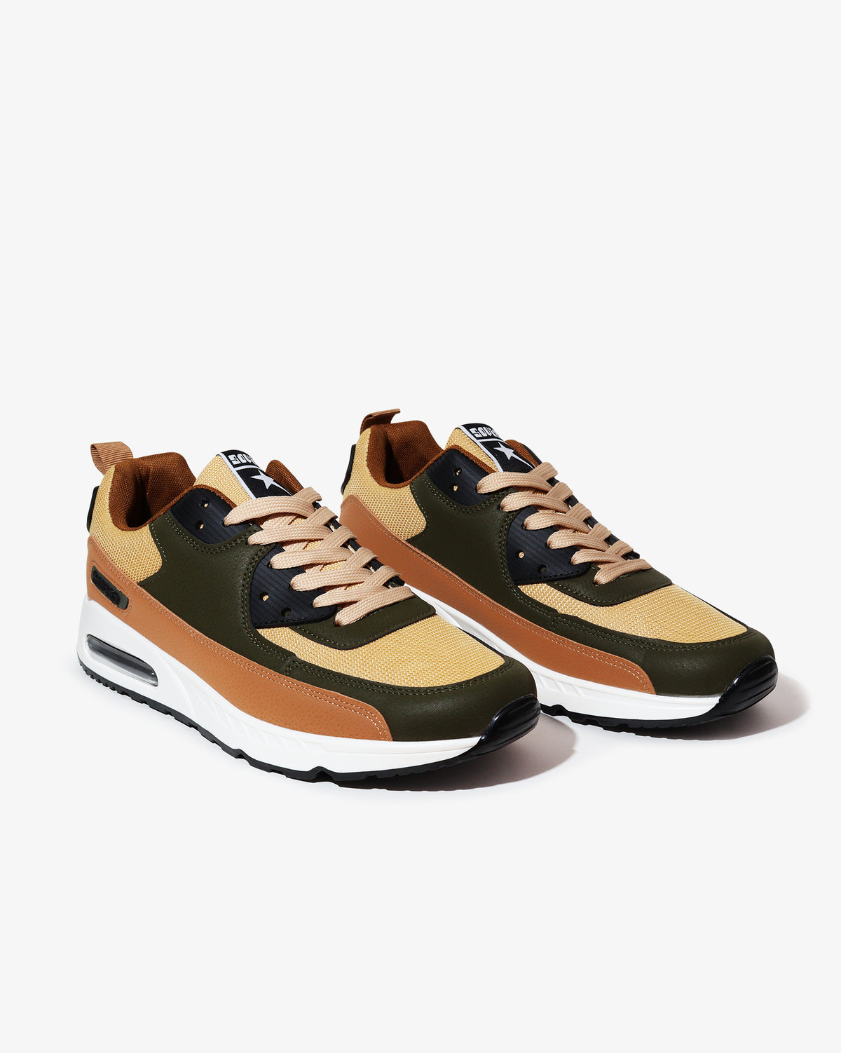 Soviet Kirk men's sneakers in khaki, olive, brown, and black with a sleek design and lace-up closure.