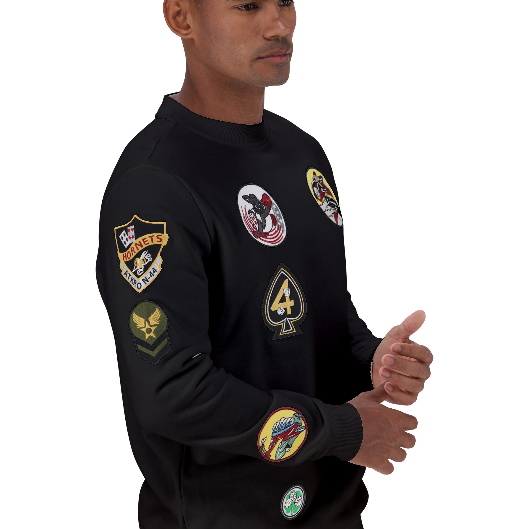 Black Alpha Multi Badge Crew Sweatshirt for men, featuring colorful badge details and a comfortable crewneck design.