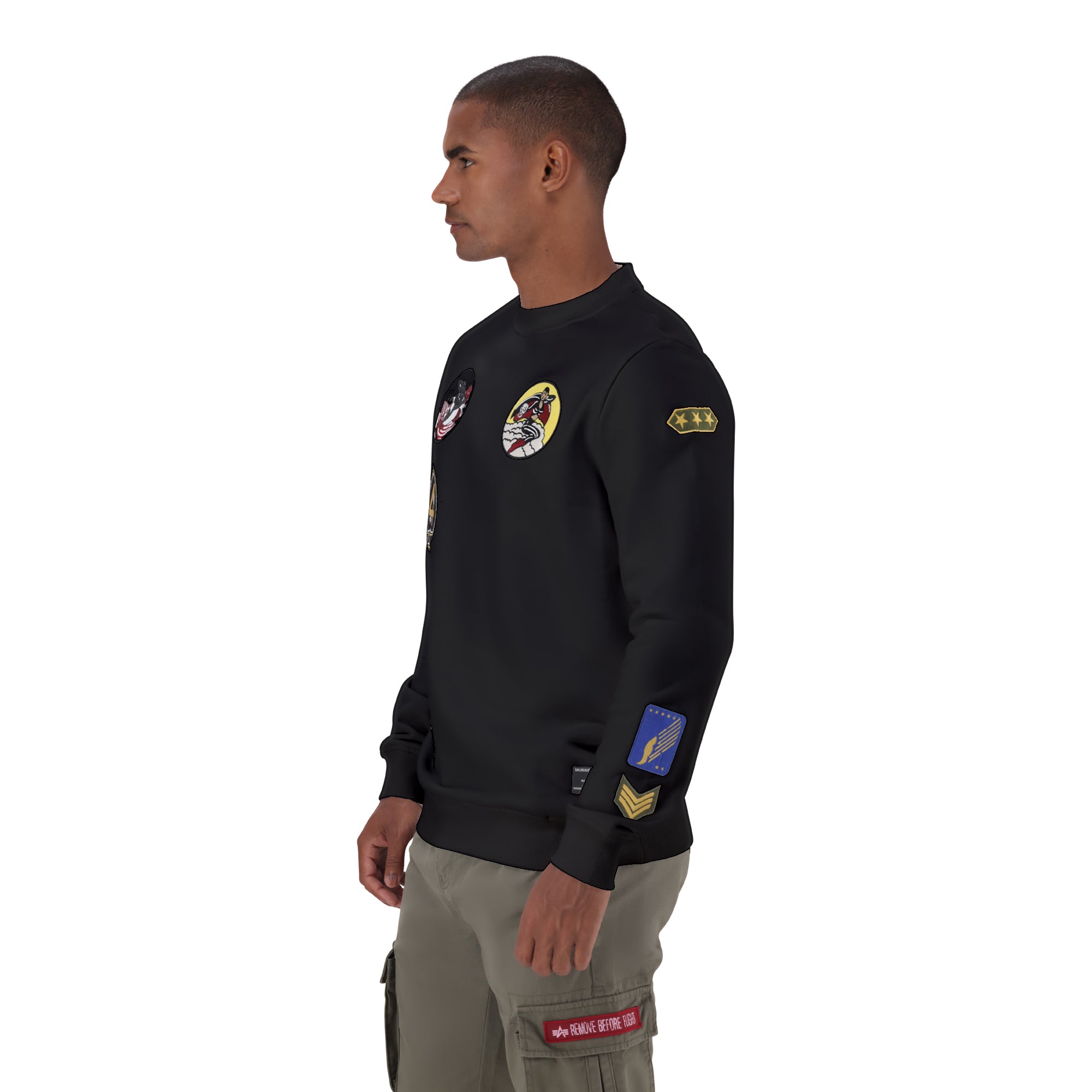 Black Alpha Multi Badge Crew Sweat for men, featuring colorful badge details and a comfortable crew neck design.