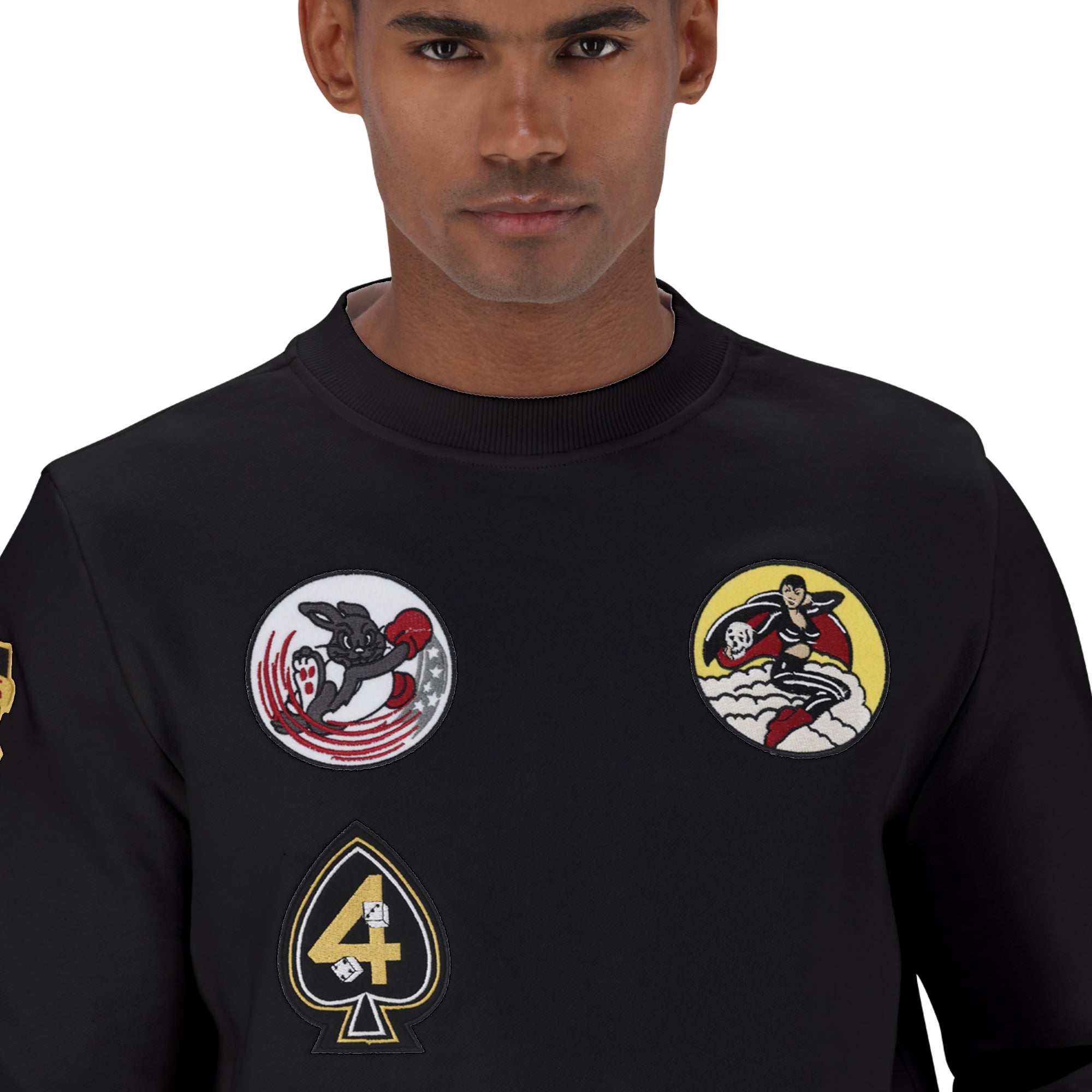 Alpha men's black crew sweatshirt with multi badge design, featuring a comfortable fit and stylish casual look.