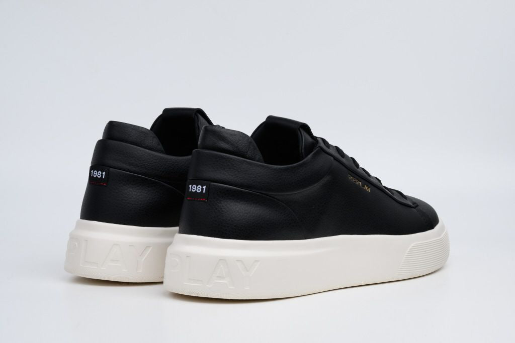 Replay Notting Double Black men's sneakers with black leather and fabric upper, stylish lace-up design, and chunky outsole.