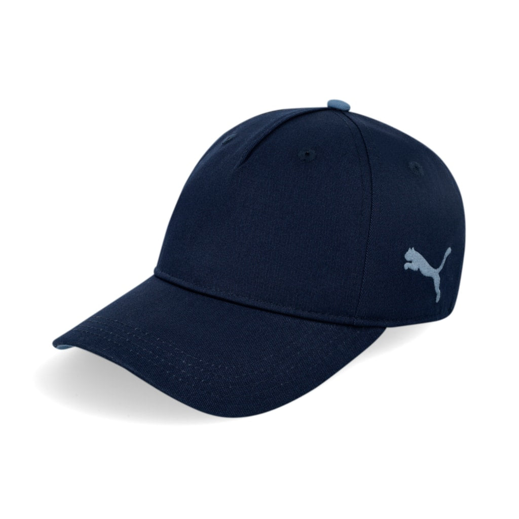 Unisex Puma Team Cap ZA in navy and Zen blue with front view, featuring adjustable strap and embroidered logo.