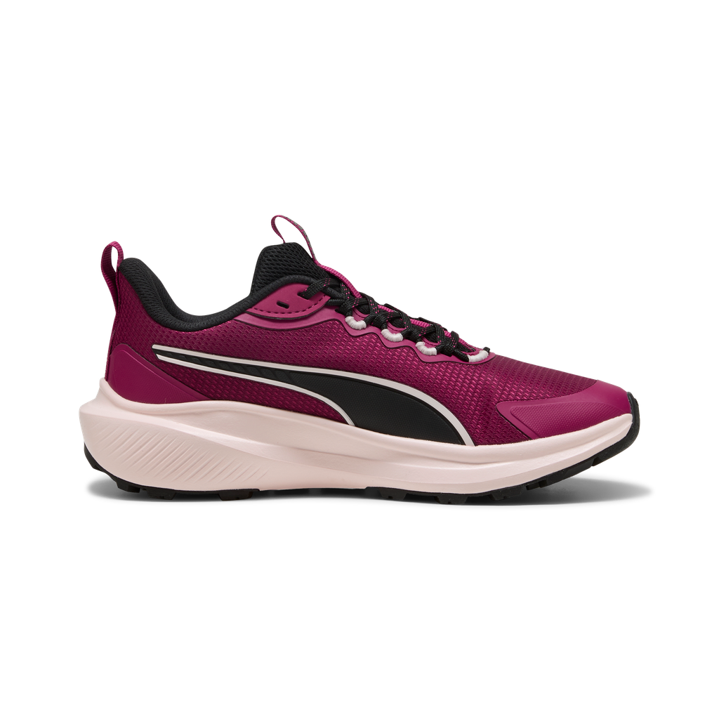 Women's Puma Skyrocket Lite Trail sneakers in berry, black, and jasmine with side view showing stylish athletic design.