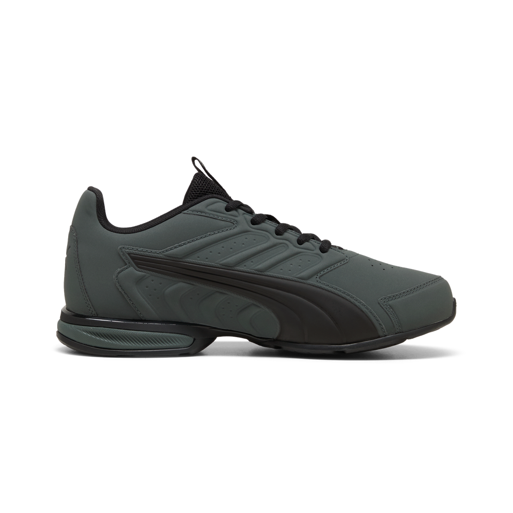 Side view of Puma Electro Sl Shadow grey and black men's sneakers showcasing sleek design and sporty style.