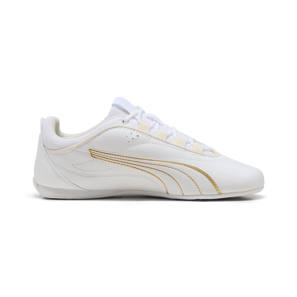 Side view of Puma Catch Soleil women's sneakers in white with gold accents, showcasing stylish design and lightweight construction.