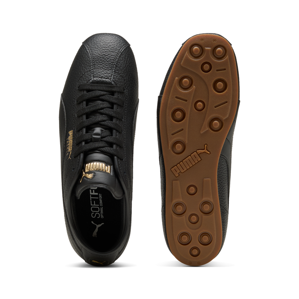 Puma men's Tackle L sneakers in black, gold, and gum with side view showing stylish design and athletic footwear features.