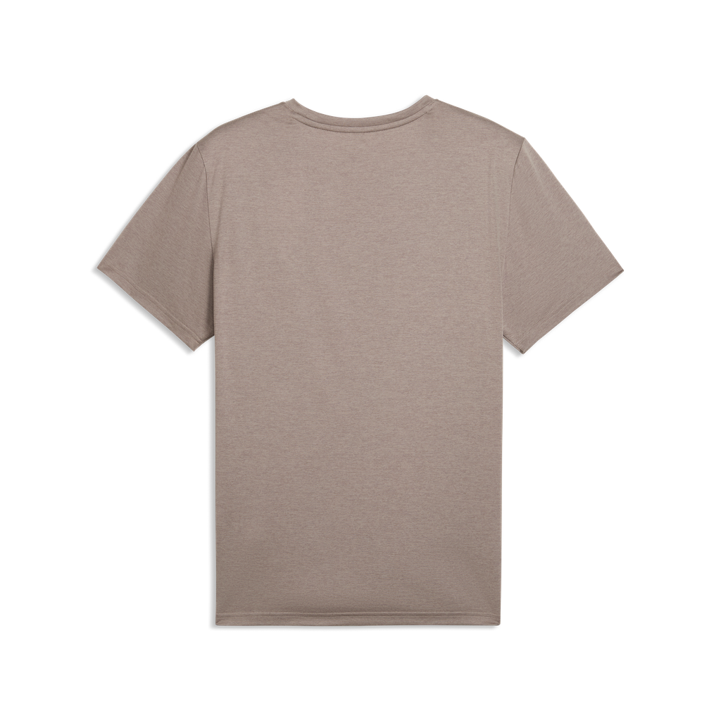 Back view of Puma Tad Essentials Heather Cat T-shirt for men in gray, featuring a subtle cat graphic and Puma branding.
