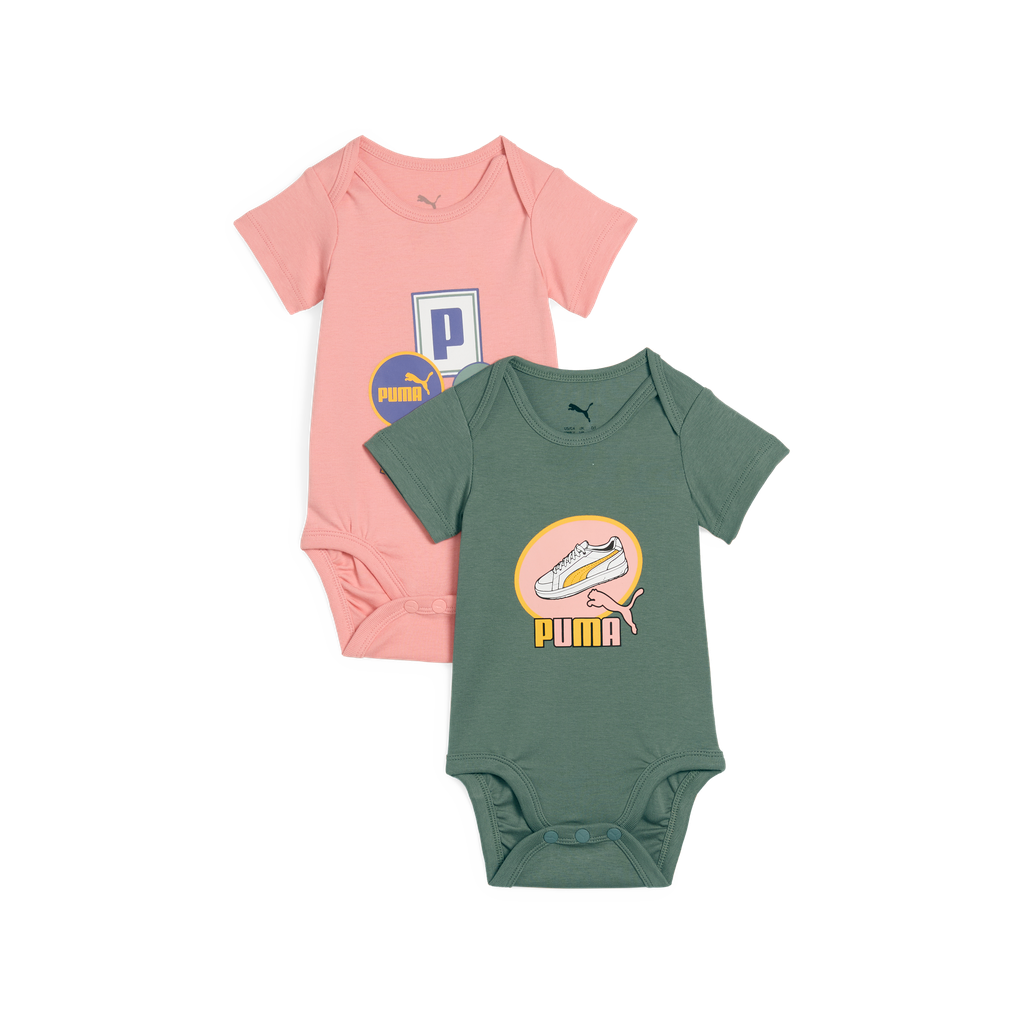 Pink Puma newborn baby bodysuit with fruit pattern, includes two soft, comfortable kids' baby grows designed for infants.