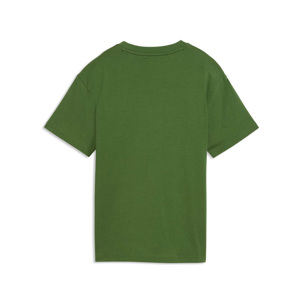 Back view of Puma Kids ESS Logo Lab Tee in earthy green, featuring the Puma logo on a casual kids' T-shirt.