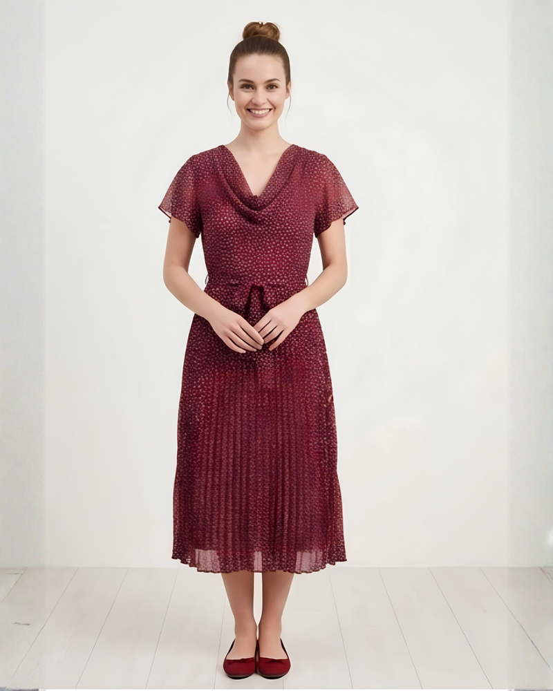 Bouchara Cowl Neck Chiffon Dress-Red Teardrops (J12)