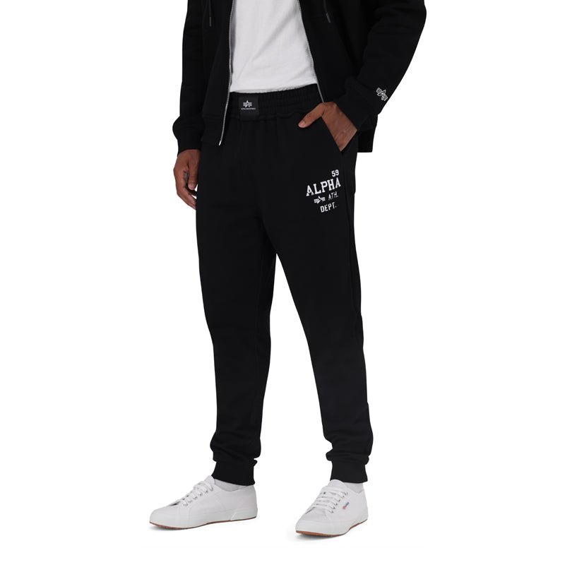 Men's black Alpha ATH Dept trackpants featuring a comfortable fit and athletic design, ideal for casual and workout wear.