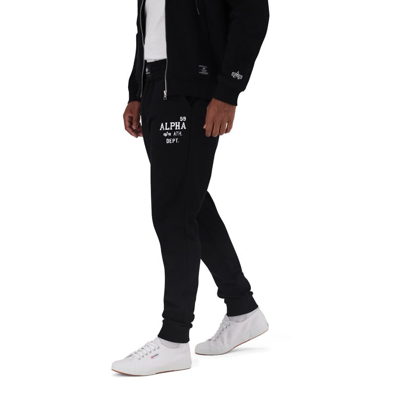 Black Alpha ATH Dept men's track pants with a relaxed fit and elastic waistband, designed for comfortable active wear.