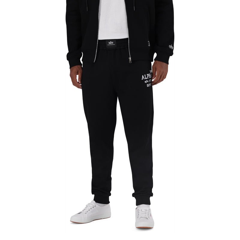 Black men's Alpha ATH Dept track pants with a comfortable fit, featuring sleek design and elastic waistband.