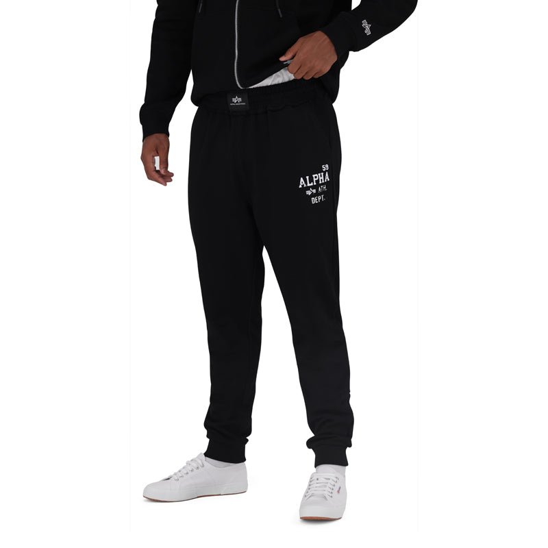 Men's black Alpha ATH Dept track pants with relaxed fit and elastic waistband, made for comfortable athletic wear.