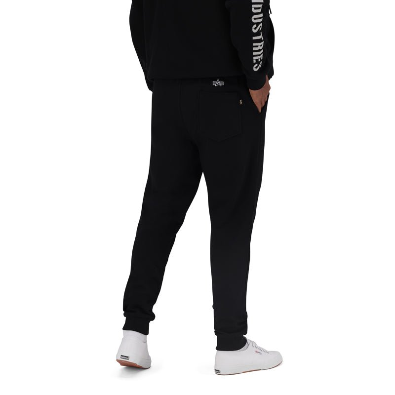Black Alpha ATH Dept men's track pants with elastic waistband and side pockets, made for comfortable active wear.