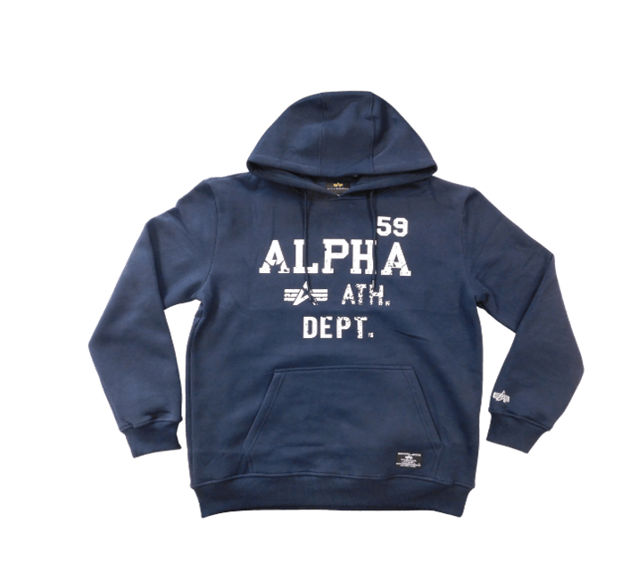 Alpha ALPHA men's navy hoodie with a drawstring hood and front pocket, casual and comfortable for everyday wear.