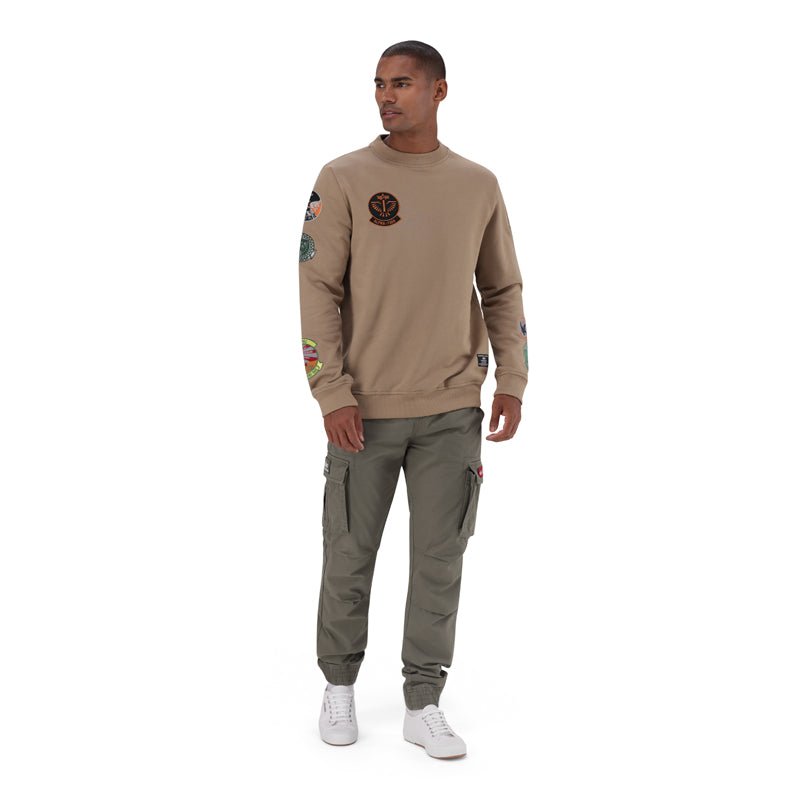 Beige Alpha Flying 59 crew sweater for men, featuring a relaxed fit and ribbed cuffs, made from soft, comfortable fabric.