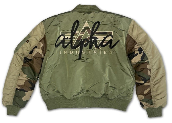 Unisex Alpha MA-1 camouflage embroidered jacket in sage green with ribbed cuffs and collar, casual military-inspired style.