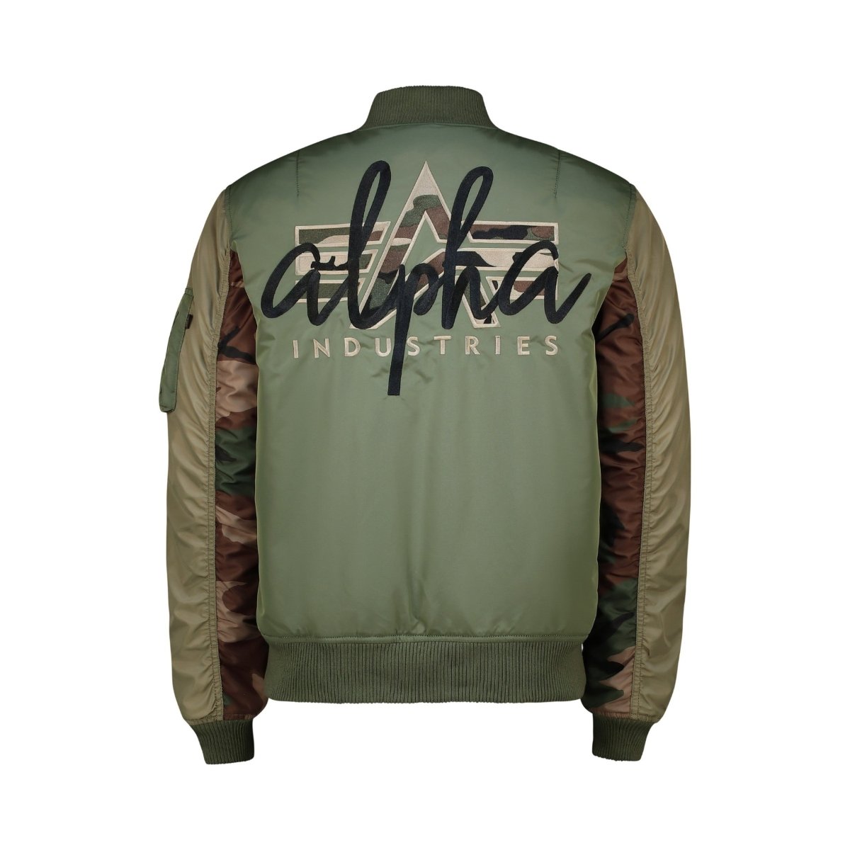 Alpha UNISEX MA-1 camouflage embroidered jacket in sage green with front pockets and ribbed cuffs.