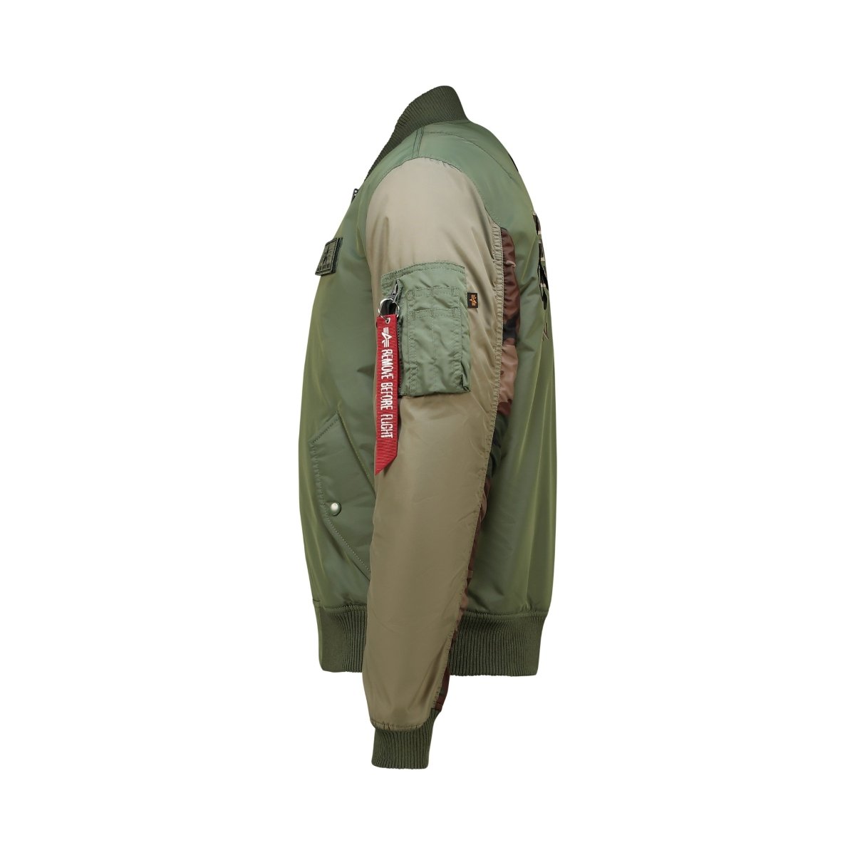 Unisex Alpha MA-1 camouflage embroidered jacket in sage green, featuring a fitted style and military-inspired design.