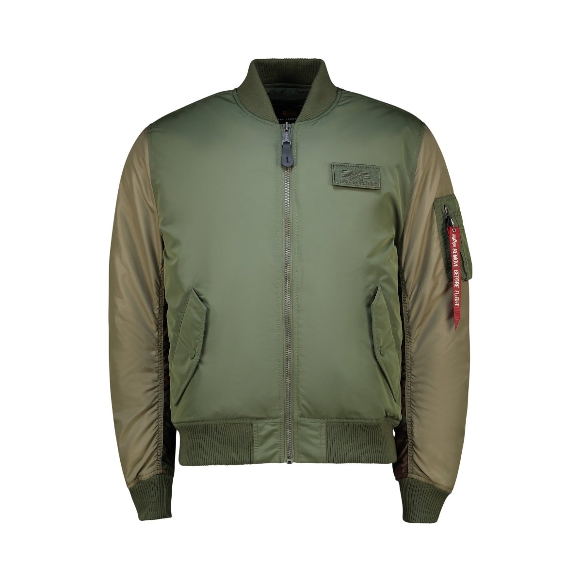 Unisex Alpha MA-1 camo embroidered jacket in sage green with military-inspired design and durable fabric.