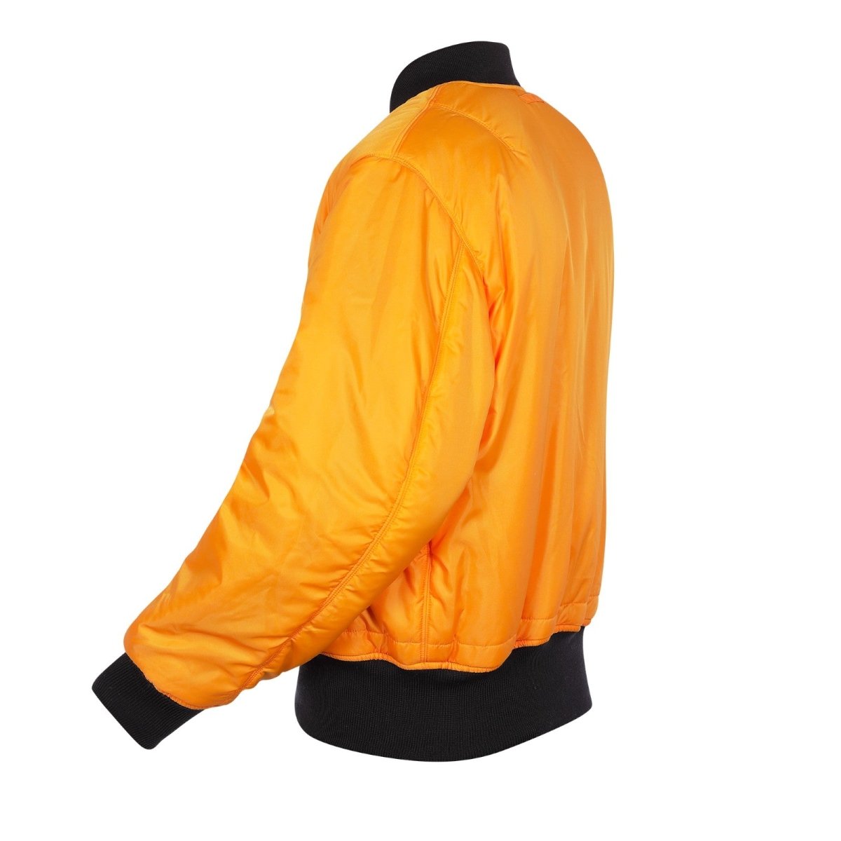 Unisex black Alpha MA-1 classic bomber jacket displayed on a hanger with a ribbed collar and cuffs.