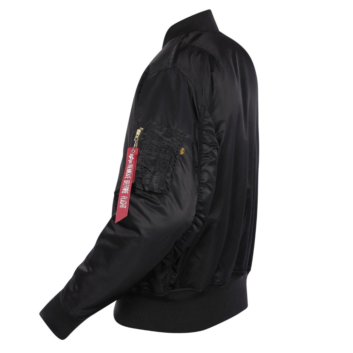 Unisex Alpha MA-1 Classic Black jacket with ribbed collar and cuffs, featuring front zip closure and utility pockets.